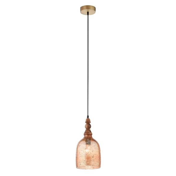 River of Goods Abrielle 7-in. 1-Light Bell-Shaped Glass Shade Pendant Lamp with Mango Wood Accent