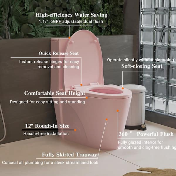 Power Flush One-Piece 1.1/1.6 GPF Dual Flush Elongated 15.6 in. Toilet in Rose Pink, Slow-Close Seat Included