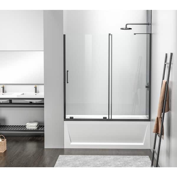 Unbranded Simply Living 60 in. W x 60 in. H Frameless Sliding Tub Door in Matte Black with Clear Glass