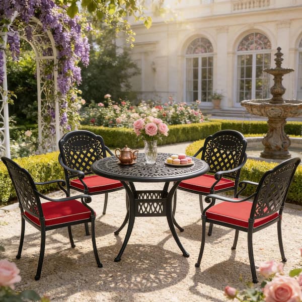 5-Piece Black Cast Aluminum Patio Outdoor Dining Set with Round Table and 4 Chairs with Red Cushions