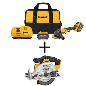 FLEXVOLT 60V MAX Brushless 4.5 in. - 6 in. Small Angle Grinder, 6-1/2 in. Circ Saw, and (2) FLEXVOLT 9.0Ah Batteries