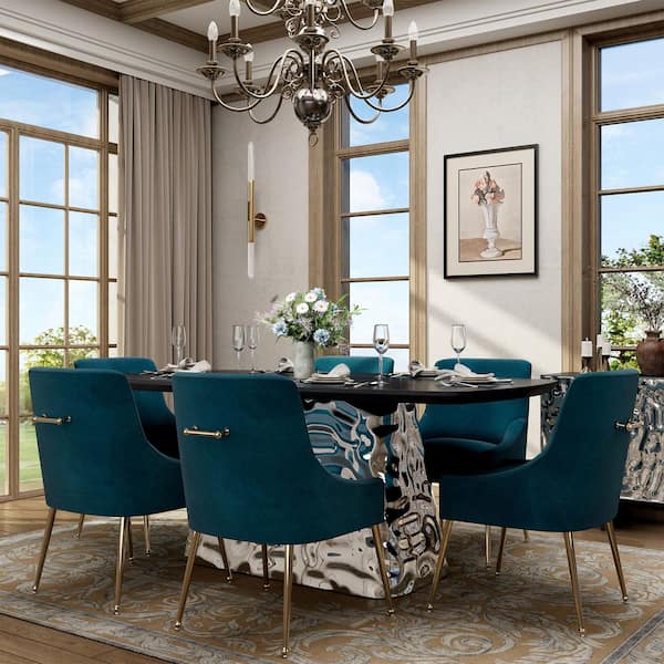Clihome 7-Piece Wooden Top Stainless Steel Water Ripple Dining Table Set with Lake Green Velvet Dining Chair (Seats of 6)