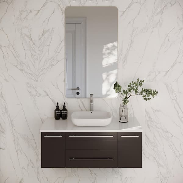 Lucera 42 in. W Wall Hung Bath Vanity in Espresso with Quartz Stone Vanity Top in White with White Basin