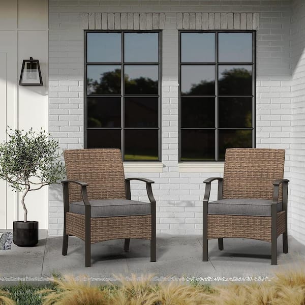 Dark Grey PE Wicker Outdoor Dining Chair with Front Seat Baffle and Olefin Cushions (2-Pack)