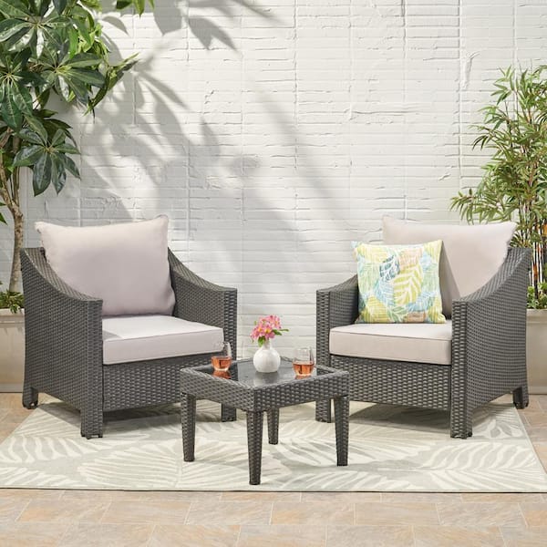 Noble House Antibes Grey 3-Piece Faux Rattan Outdoor Patio Conversation Set with Silver Cushions