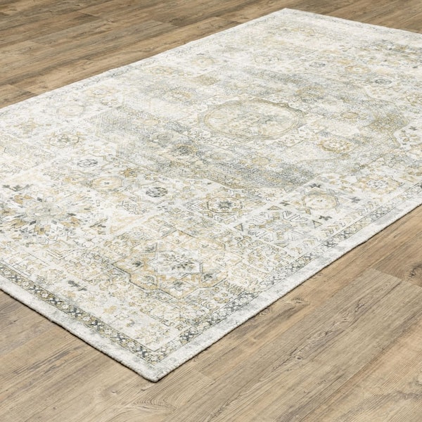 Wingate Gray/Gold 8 ft. x 10 ft. Oriental Distressed Center Medallion Hand-Loomed Viscose-Wool Blend Indoor Area Rug