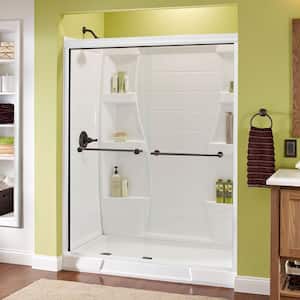 Lyndall 60 in. x 70 in. Semi-Frameless Traditional Sliding Shower Door in White and Bronze with Clear Glass