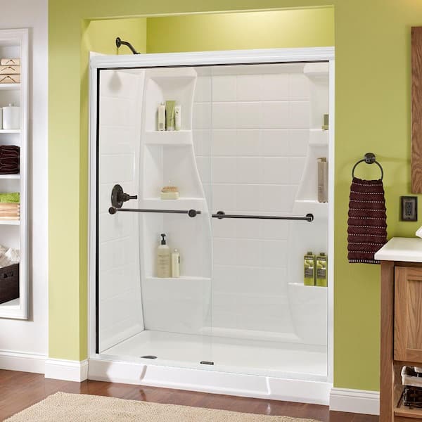 Delta Lyndall 60 in. x 70 in. Semi-Frameless Traditional Sliding Shower Door in White and Bronze with Clear Glass