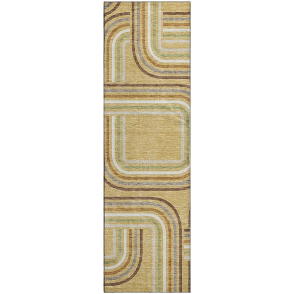 Mayfield Premium Machine Washable Abstract AMF2535 Gold 2 ft. x 7 ft. Runner Rug