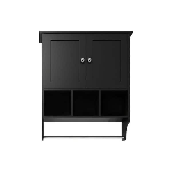 24 in. W x 27.5 in. H Small Rectangular Black Wood Surface Mount Medicine Cabinet without Mirror with Towel Rack