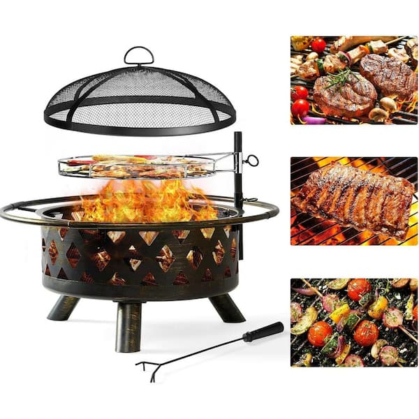 30 in. Outdoor Wood Burning Fire Pit with Cooking Grill, Screen and Poker