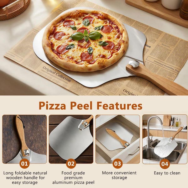JFVKAF 7-Piece Silver Pizza Peel and Pan Set with Foldable Wooden