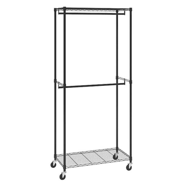 Heavy Duty Metal Clothes Rack, Double Hanging Rods Clothing Garment Rack with Bottom and Top Storage Tier