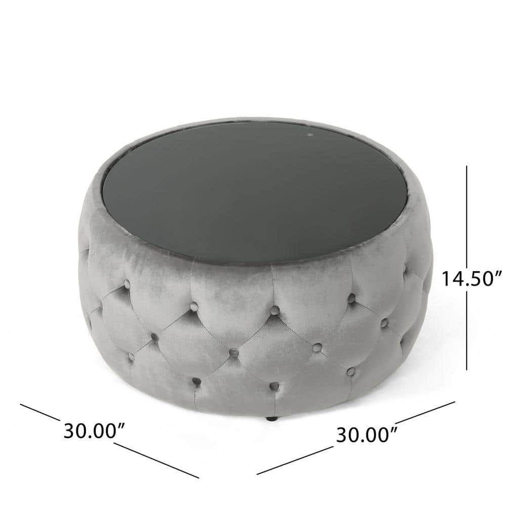 Elegant Round Glass-Top Velvet Ottoman Coffee Table