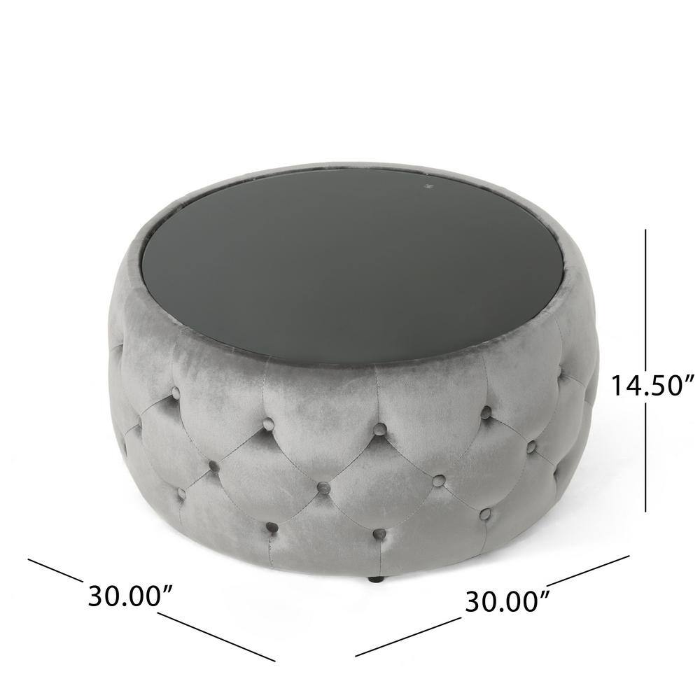 Elegant Round Glass-Top Velvet Ottoman Coffee Table