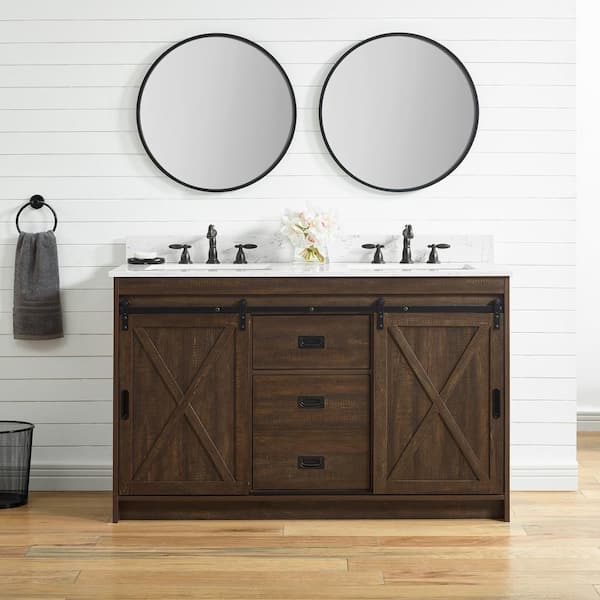SUDIO Rafter 54 in. W x 22 in. D Bath Vanity in Rustic Brown with Carrara White Engineered Stone Vanity Top with White Sinks