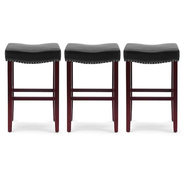 Jameson 29 in Bar Height Cherry Wood Finish Backless Nail Head Trim Barstool, Black Faux Leather Saddle Seat (Set of 3)