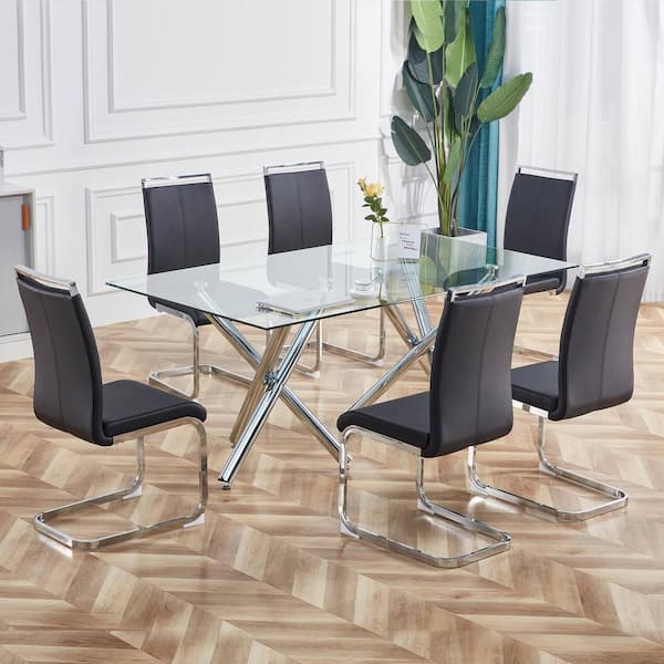 Modern Black PU Leather High Back Upholstered Side Chair, Dining Chair with C-shaped Tube Silver Metal Legs (Set of 4)