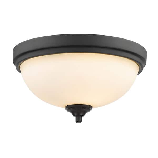 Unbranded 13 in. 2-Light Bronze Flush Mount with Matte Opal Glass