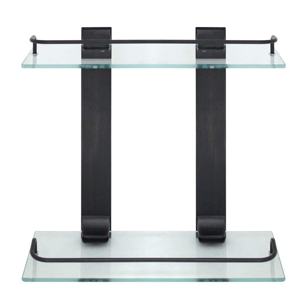 MODONA 13.75 in. W Double Glass Wall Shelf with Pre-Installed Rails in Rubbed Bronze