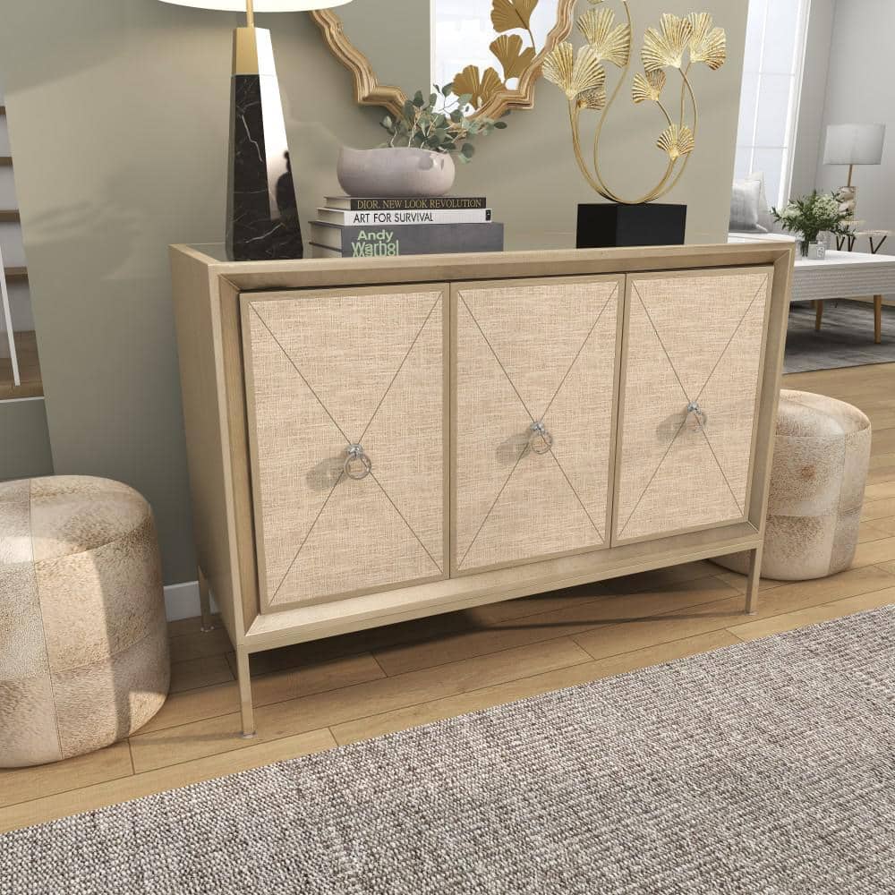 Gray Upholstered 3-Door Cabinet with Mirrored Top and Ring Handles