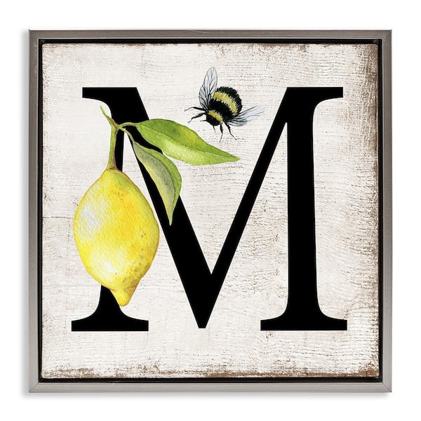 Stupell Industries Lemon & Bee M Letter by Creatif Belle Gray Floater Frame Animal Graphic Art Print 25 in. x 25 in.
