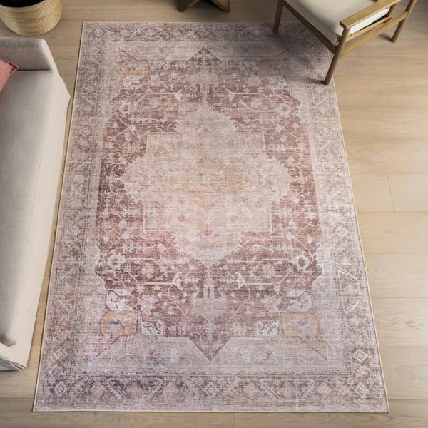 Ava Vintage Persian Spill Proof Washable Pale Pink 4 ft. x 6 ft. Indoor Area Rug