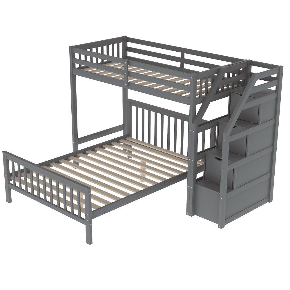 Nestfair Gray Twin over Full Wood Loft Bed with Staircase LBWM517E ...