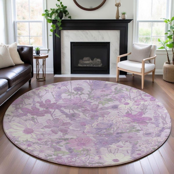 Mayfield Premium Machine Washable Abstract AMF1506 Lavender 8 ft. x 8 ft. Round Rug