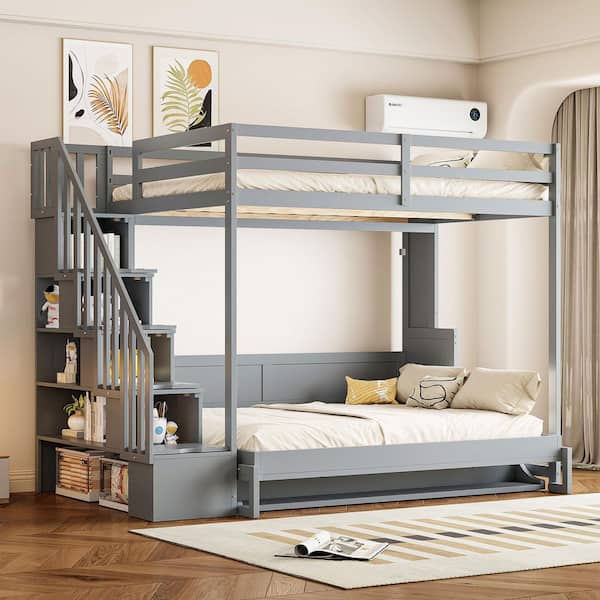 Gray Wood Frame Full Over Full Size Murphy Bed with Hydraulic Lift and Desk Design