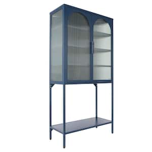 31.5 in. W x 13.8 in. D x 63 in. H Blue Linen Cabinet with Adjustable Shelves and 2 Glass Doors for Living Room