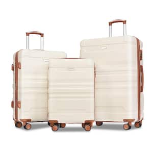 Beige and Brown Lightweight 3-Piece Expandable ABS Hardshell Spinner Luggage Set with TSA Lock