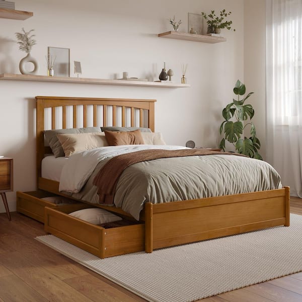 Everett Light Toffee Natural Bronze Solid Wood Frame Full Platform Bed with Panel Footboard and Storage Drawers