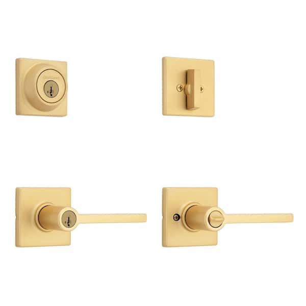 Casey Satin Brass Square Keyed Entry Door Handle Single Cylinder Deadbolt Combo Pack ft SmartKey Security