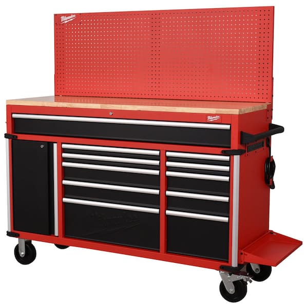 High Capacity 61 in. W x 22.1 in D 11-Drawer Mobile Workbench Cabinet with Solid Wood Top and Pegboard