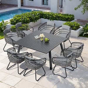 Gray 9-Piece Metal 57 in. Outdoor Dining Set with Rattan Chairs and Cushions