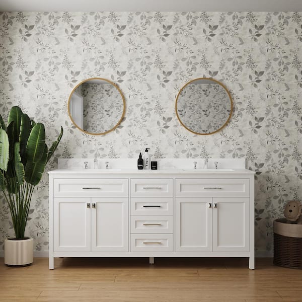 FAMYYT 72.6 in. W x 22.4 in. D x 40.7 in. H Double Sink Fully Assembled Freestanding Bath Vanity in White with White Marble Top