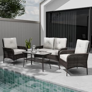 4-Piece Brown Wicker Patio Furniture Set Outdoor Sofa Set with Beige Cushions and Glass Top Coffee Table