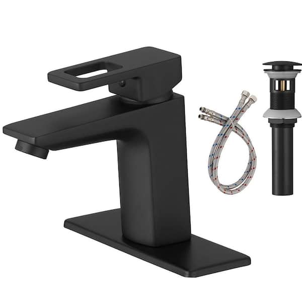 PERLIRIA INC Single Handle Single Hole Bathroom Faucet with Deck Plate and Drain, Square Shape Bathroom Sink Faucet in Matte Black
