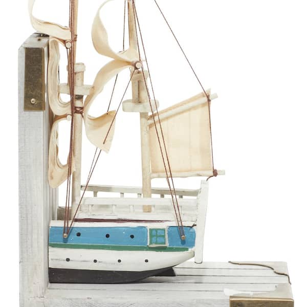 White Wood Sail Boat Bookends with Real Boat Rigging (Set of 2)