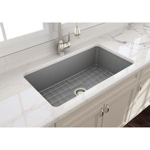 Sotto Undermount Fireclay 32 in. Single Bowl Kitchen Sink with Bottom Grid and Strainer in Matte Gray