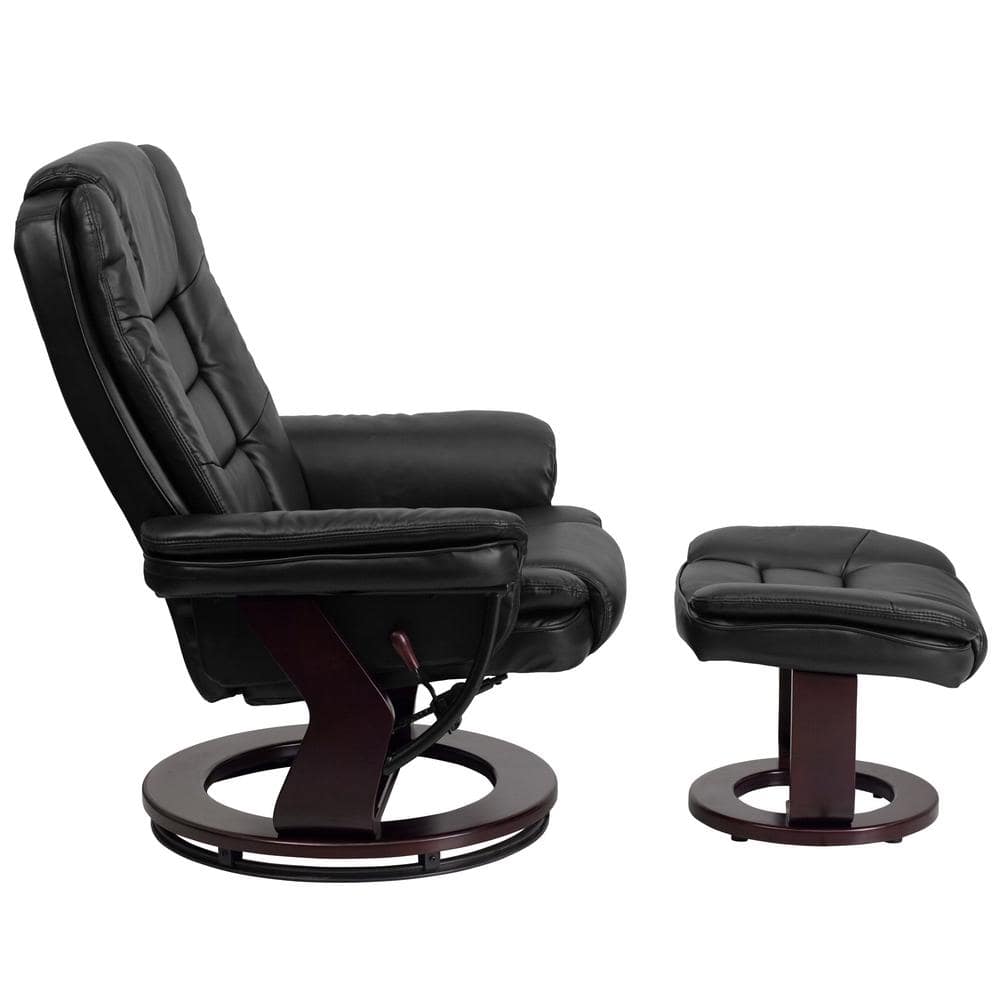 Black Faux Leather Swivel Recliner with Wood Base