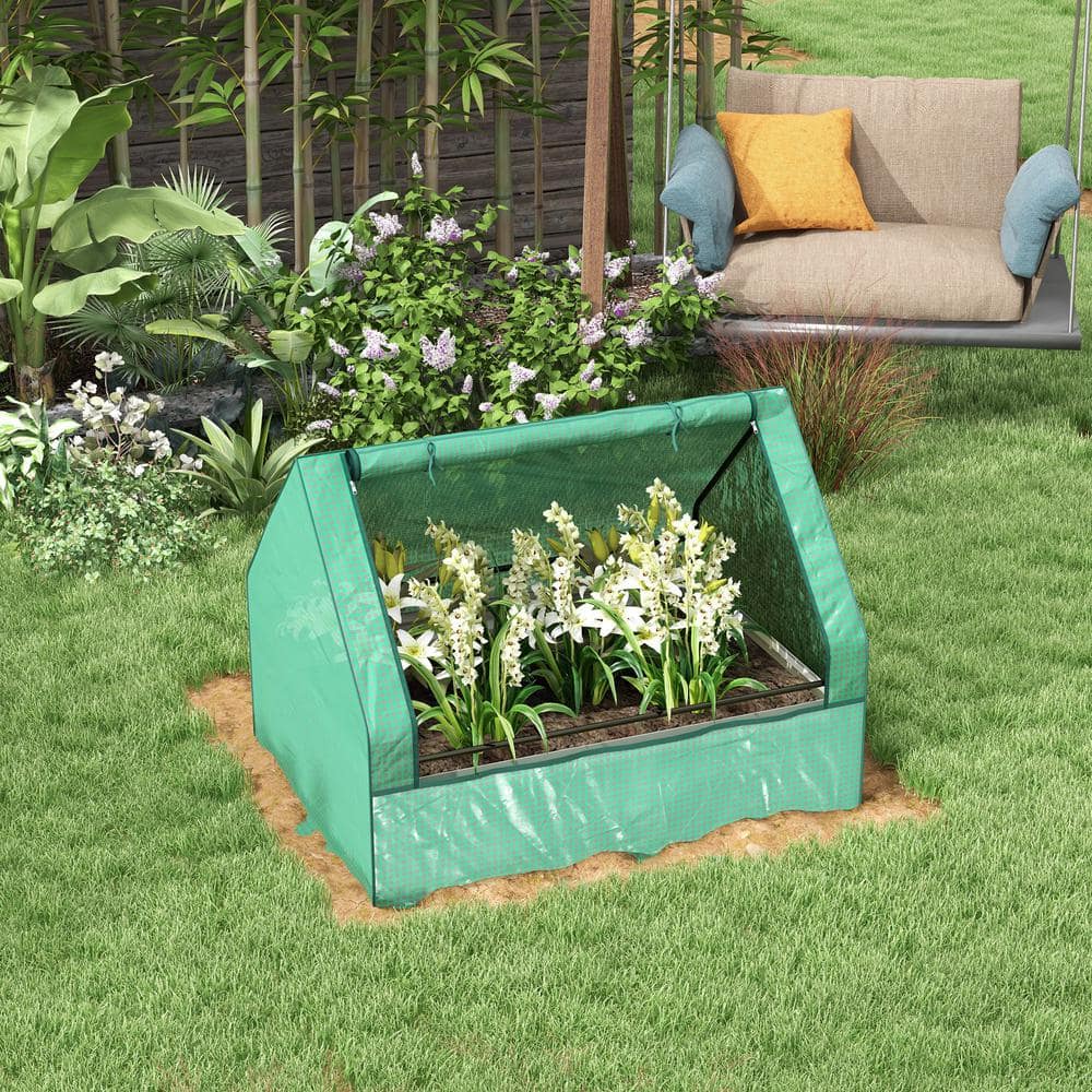 Green and Silver Raised Garden Bed with Mini Greenhouse