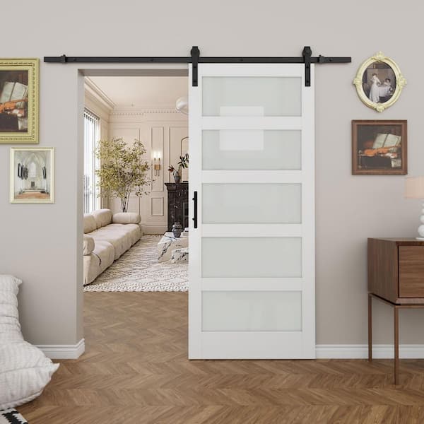 36 in. x 84 in. 5 Lite Tempered Frosted Glass White Primed MDF Wodd Sliding Barn Door with Hardware Kit