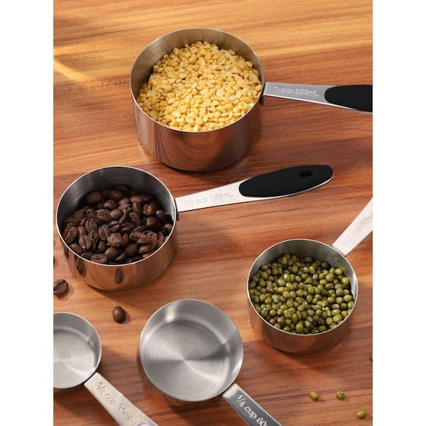 10-Pcs Stainless Steel Measuring Cups and Spoons Set with Nesting Design, Black Silicone Handles for Baking/Cooking