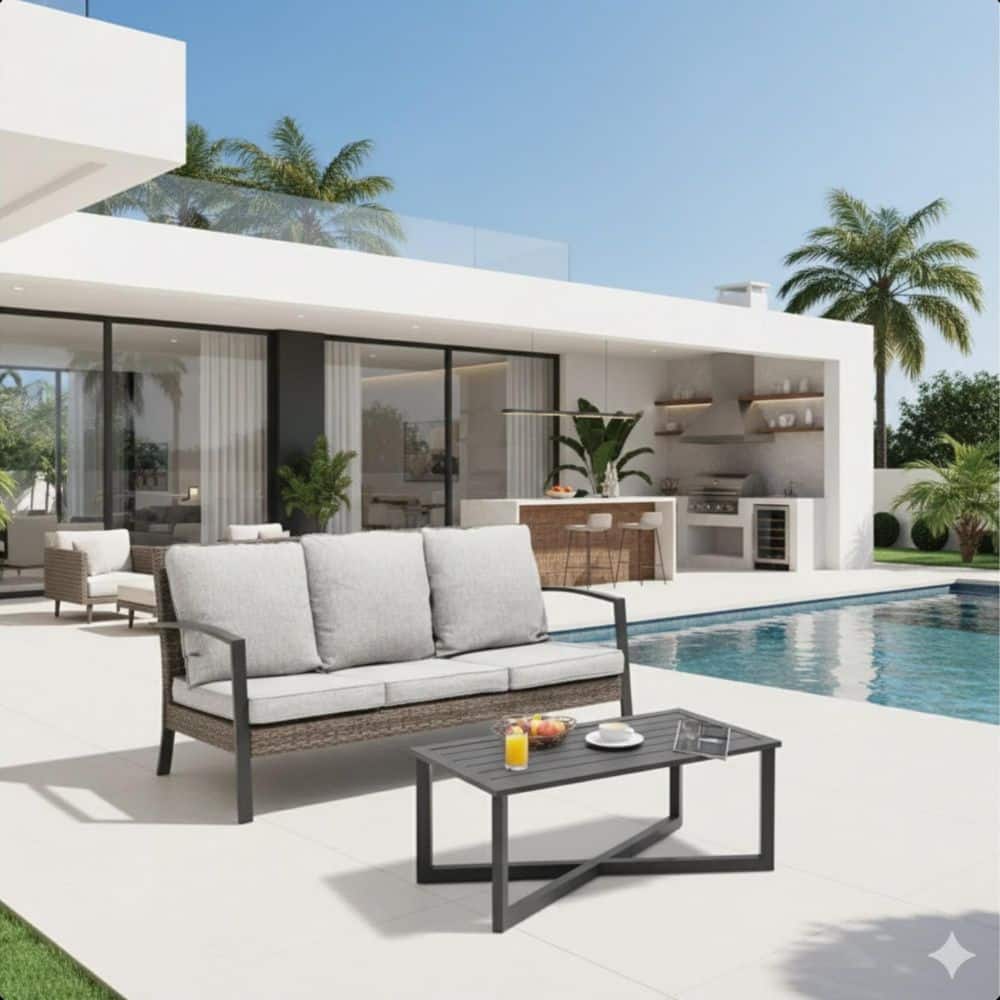 2-Piece Wicker Patio Conversation Set with Gray Cushions and Coffee Table