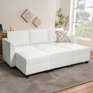 Contemporary 1-Piece Bright White Air Leather 3 Seater Upholstered Sectional Sofa with 3 Ottoman