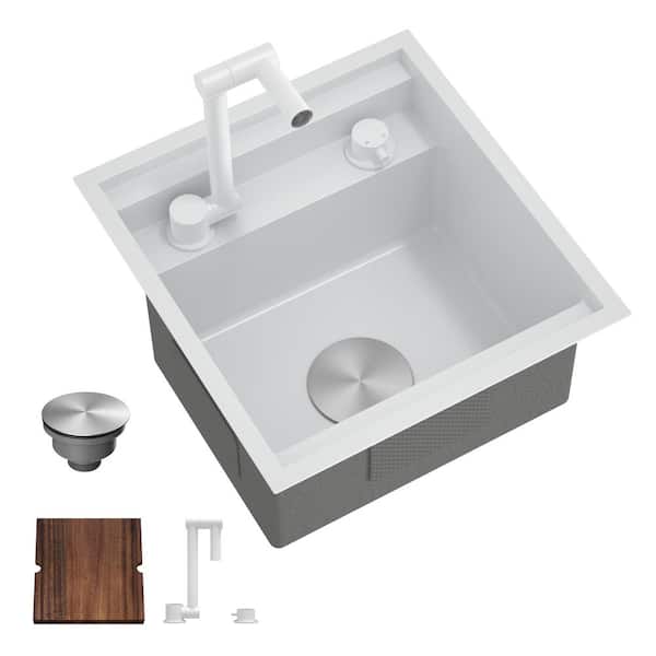 16-Gauge Stainless Steel 17 in. Undermount Single Bowl White Hidden Utility Kitchen Bar Sink w/Folding Faucet