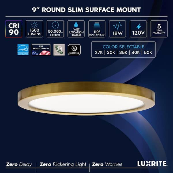 Brass Outdoor Integrated LED 9 In. Flush Mount Ceiling Light, 5CCT, 1500LM, 110° Beam, 18W, Dimmable, UL Listed 4 Pack