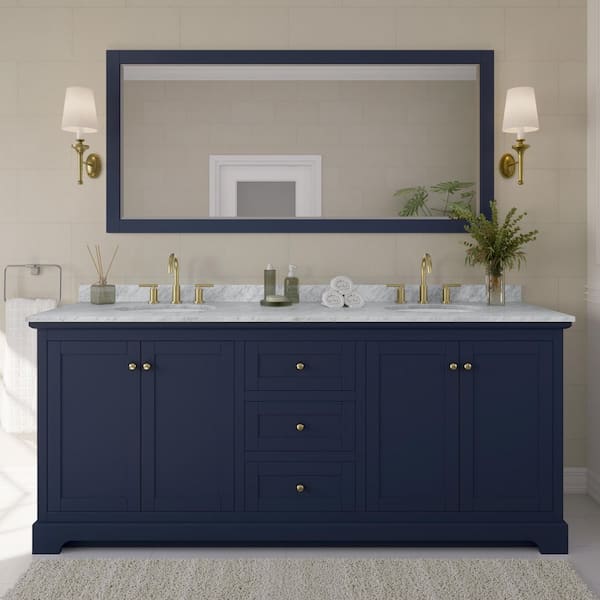 Avery 80 in. W x 22 in. D Bathroom Vanity in Dark Blue with Marble Vanity Top in White Carrara with White Basins